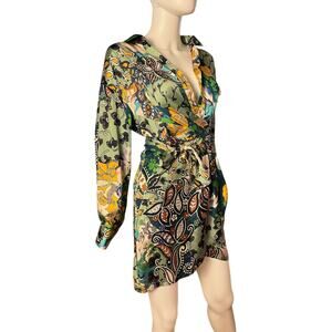 ZARA Green Yellow Satin Wrap Shirt Mini Dress Size Small